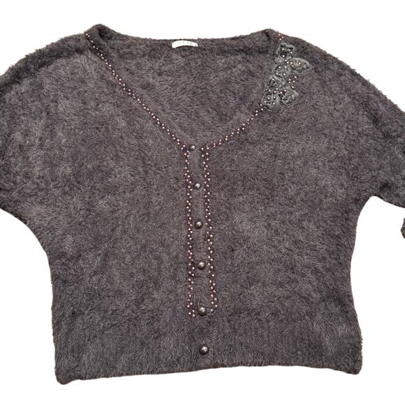0918 Large Brown Beaded Embellished cardigan 3/4 sleeves sweater Preppy Academia - Picture 9 of 10